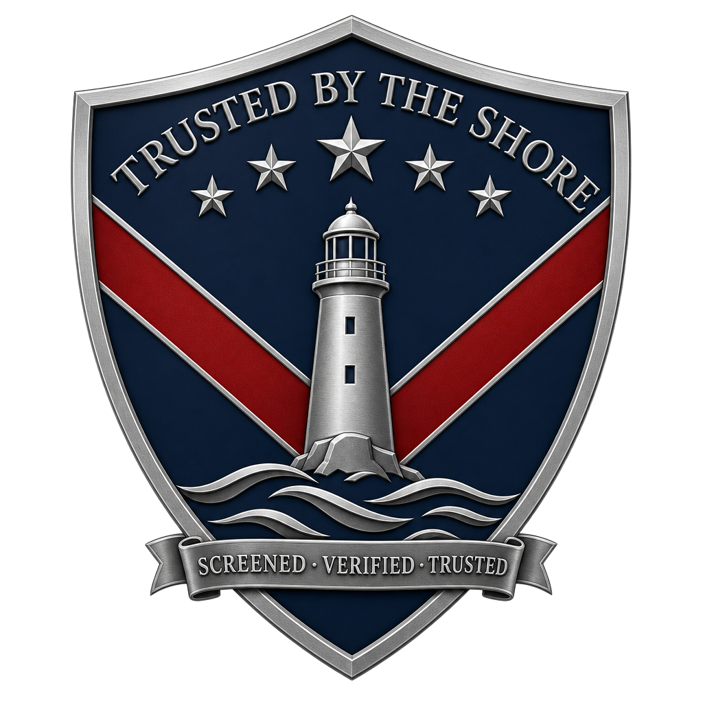 Trusted By The Shore shield badge — lighthouse, stars, silver crest, with the motto Screened, Verified, Trusted
